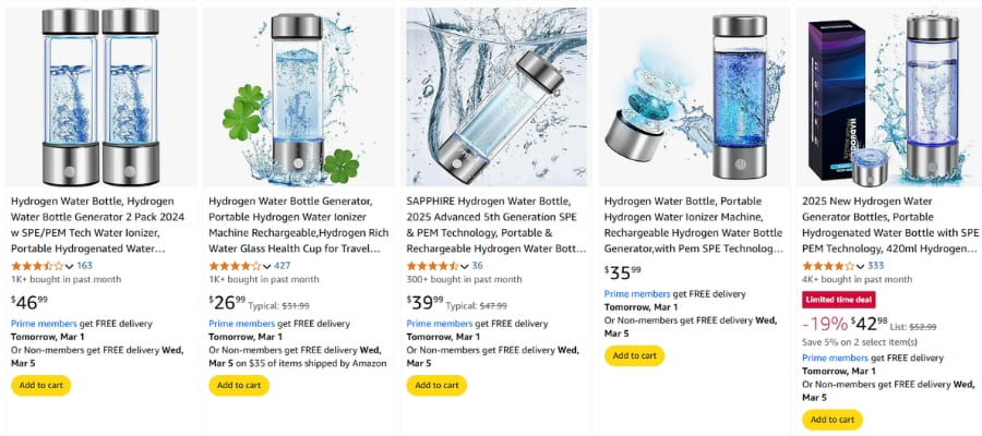 Hydrogen water bottles on amazon